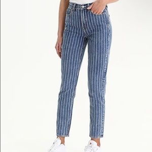 American Eagle Outfitters / White Striped Denim High Waist Stretch Mom Jeans